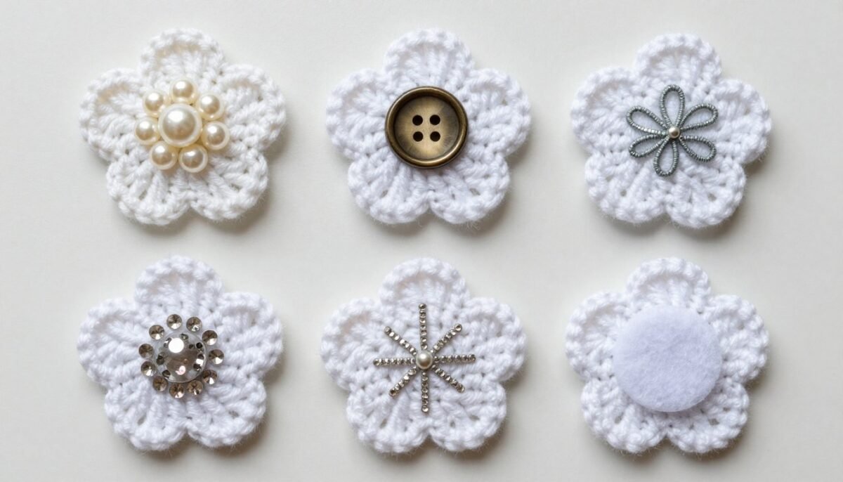 Variety of embellished crochet flowers with beads, buttons, and embroidery