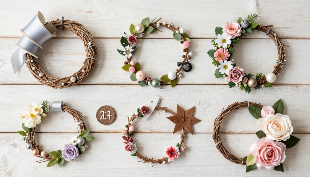 Variety of wreath embellishments including ribbons, ornaments, and picks