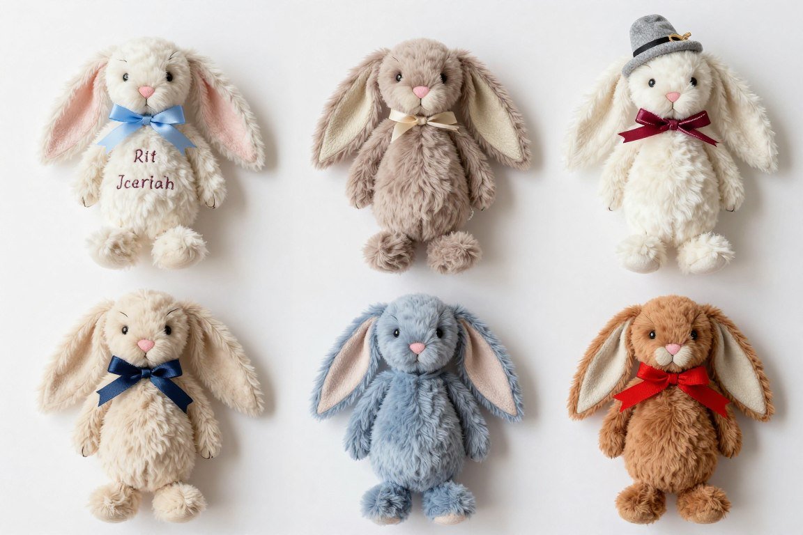 Various customized bunnies showing different colors, accessories, and decorative elements