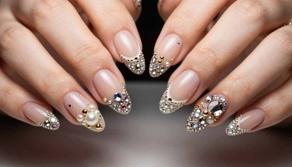 Various embellished French tip designs with rhinestones and decorations Various embellished French tip designs with rhinestones and decorations