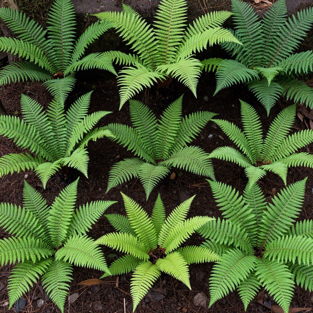 Various fern varieties in shade garden