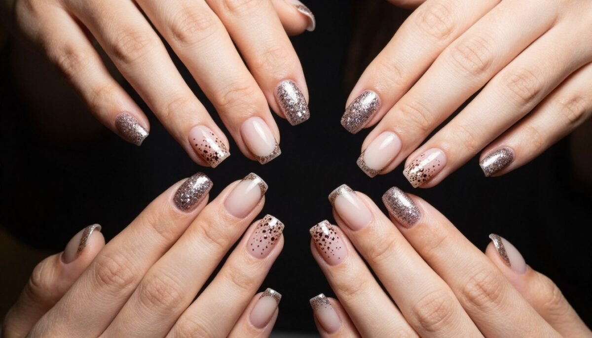 Various glitter French tip designs on short nails Various glitter French tip designs on short nails