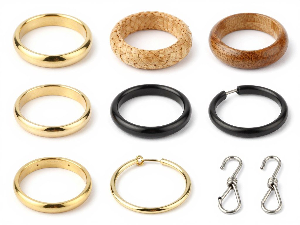Various macrame rings including metal, wooden, and brass options