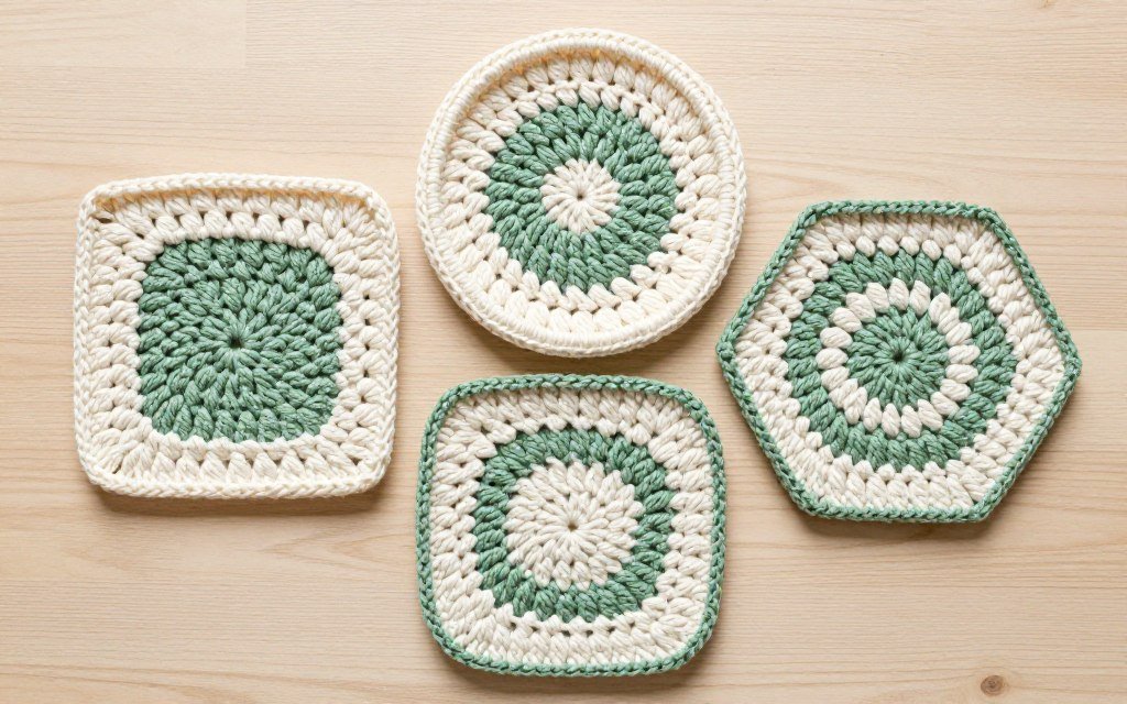 Various shaped crochet potholders including square, round, and hexagonal