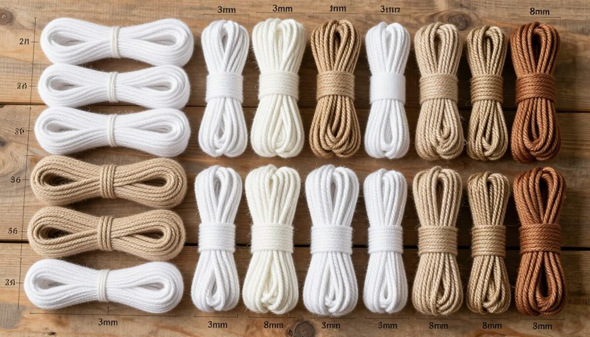 Various types of macrame cord materials and thicknesses displayed