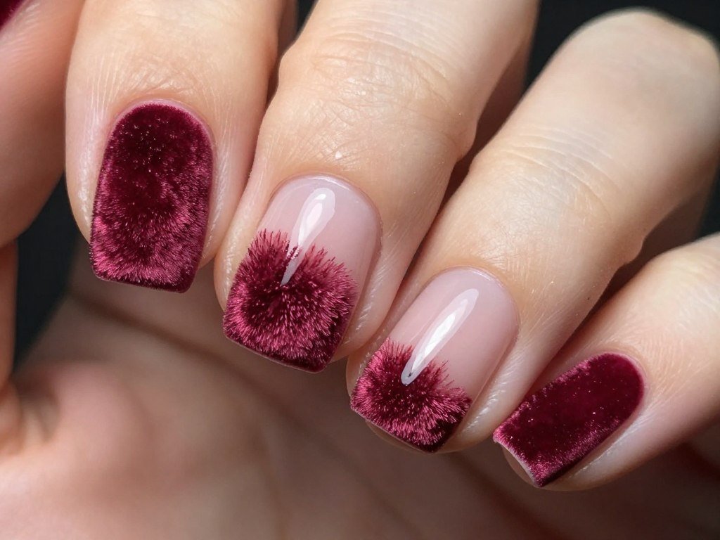 Velvet textured French tips with fuzzy finish