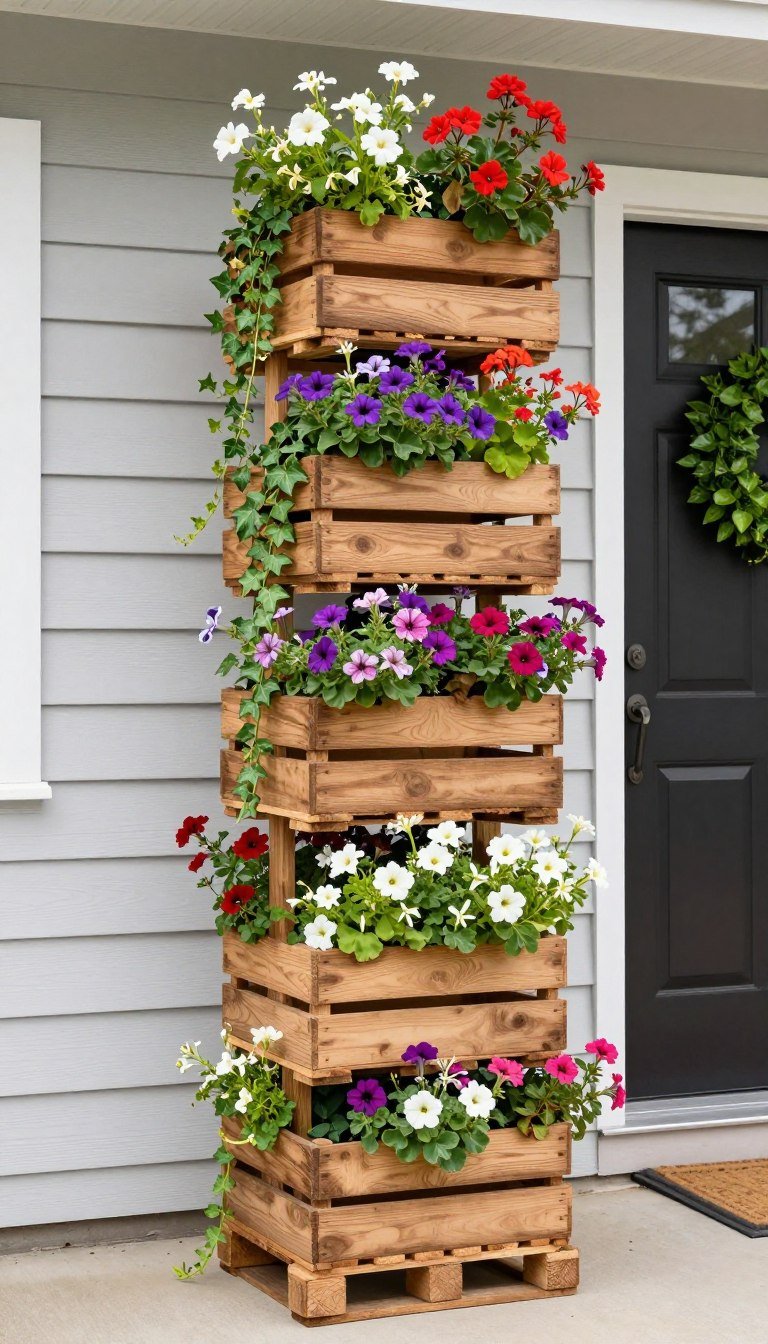 Vertical garden tower with cascading flowers