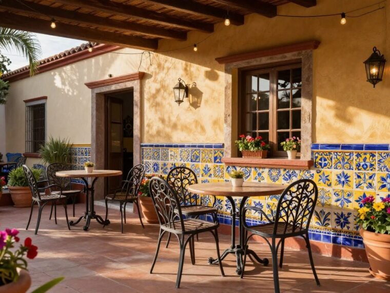 Vibrant Mexican patio with colorful tiles and traditional decor