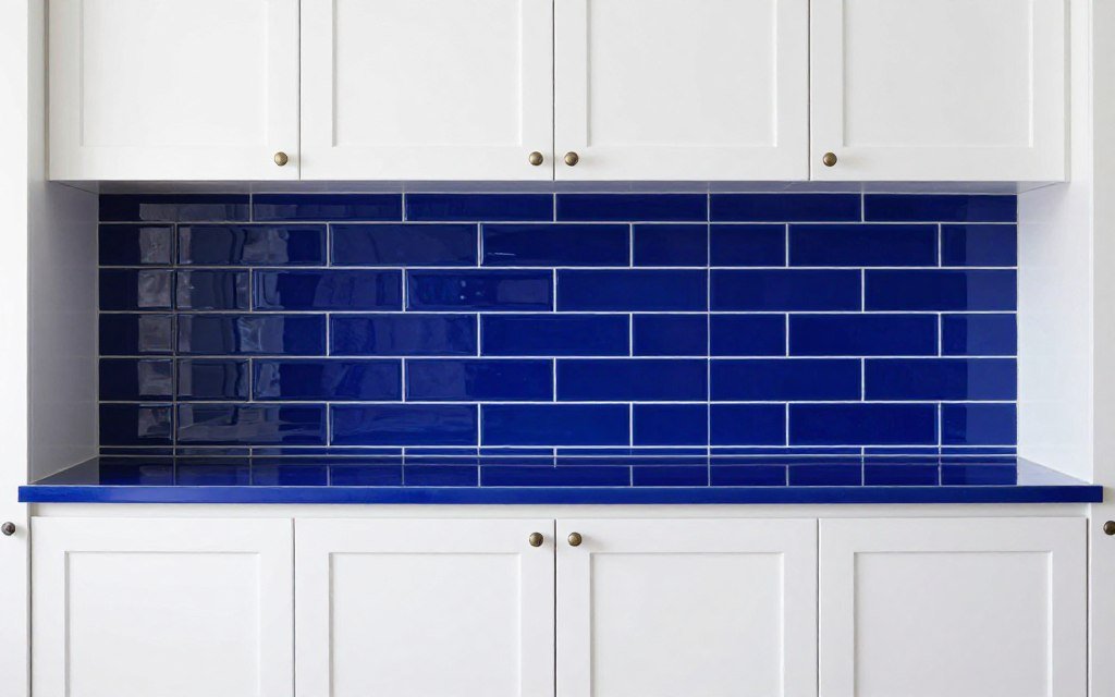 Vibrant blue glass tile backsplash with white cabinets