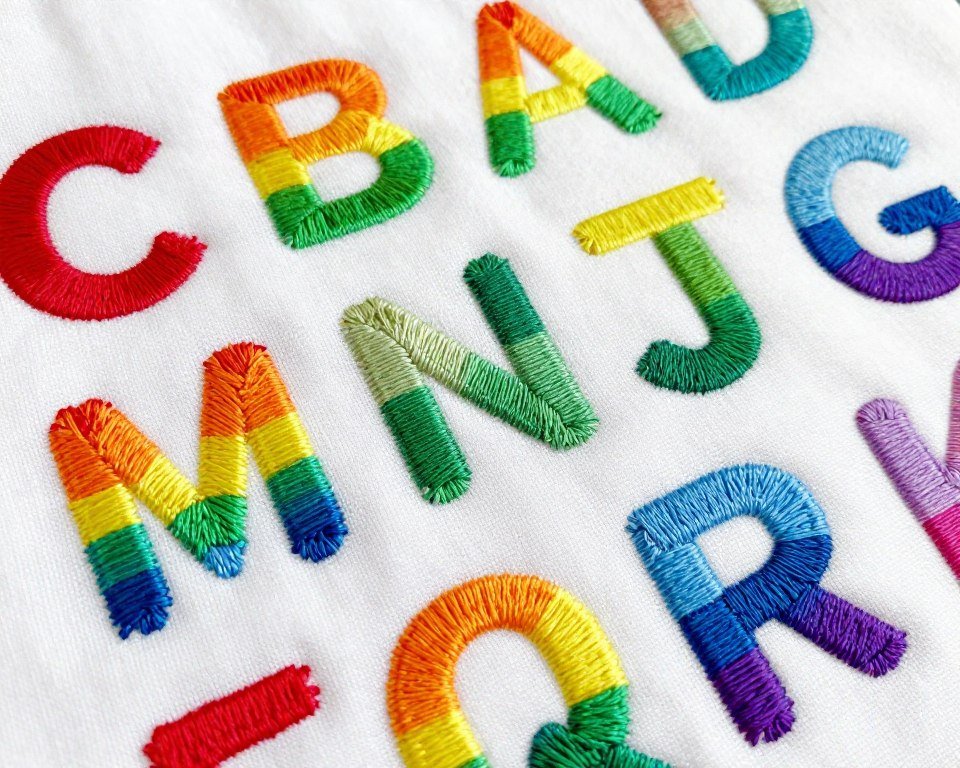 Vibrant rainbow gradient hand embroidery letters transitioning through spectrum colors