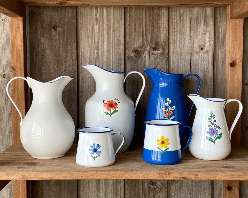 Vintage enamelware displayed on rustic lanai shelf