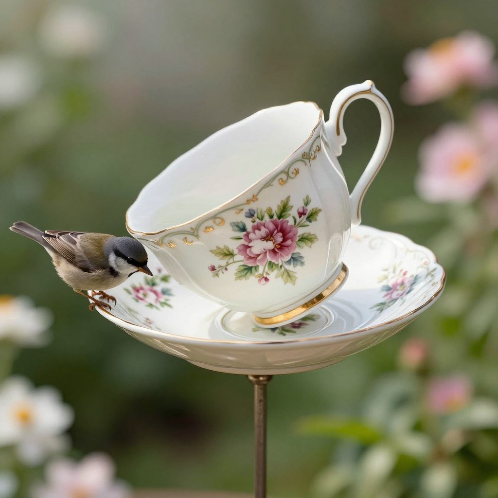 Vintage floral teacup and saucer bird bath