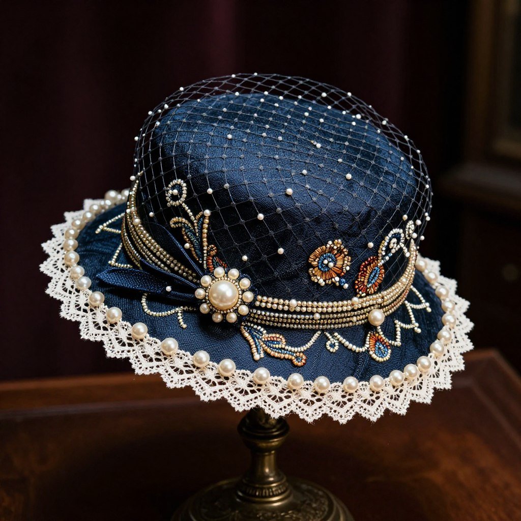 Vintage-inspired derby hat with beading and embroidery