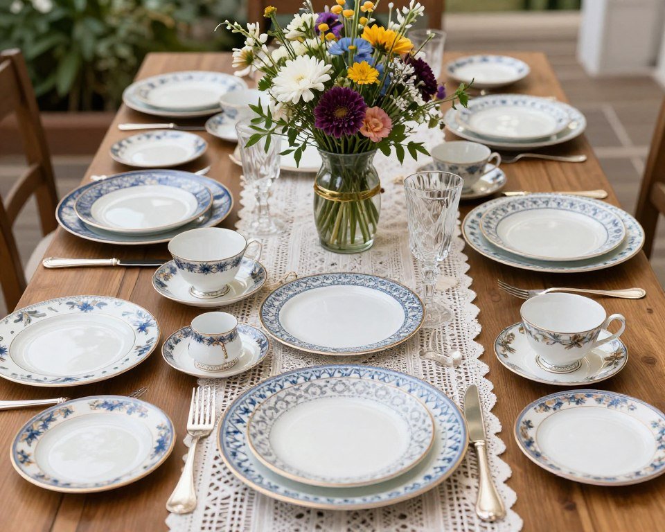 Vintage mismatched china place settings for budget wedding reception