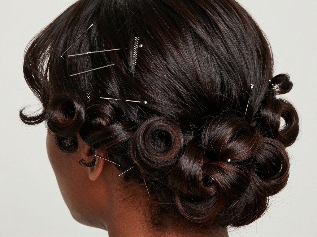 Vintage pinned curls updo showing curl definition and arrangement