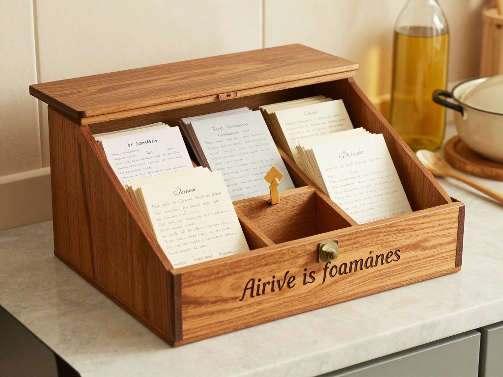 Vintage-style wooden recipe box with handwritten recipe cards inside
