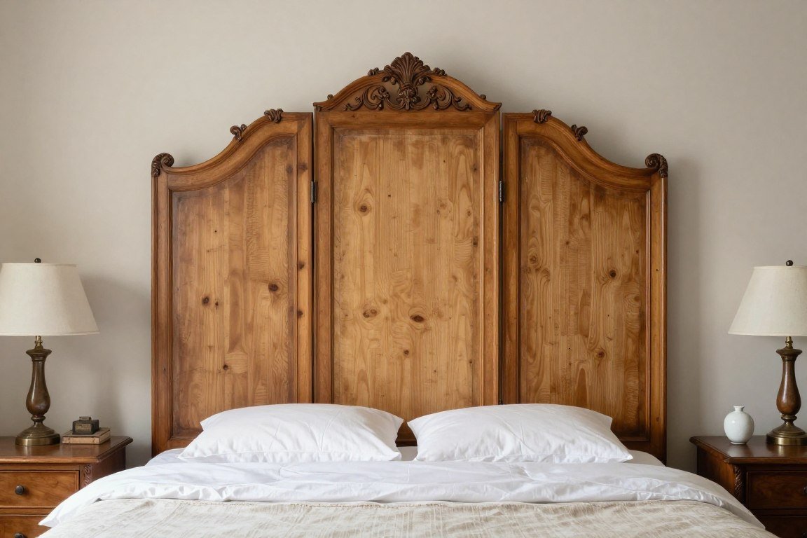 Vintage three-panel folding screen positioned as portable DIY headboard with ornate carved details