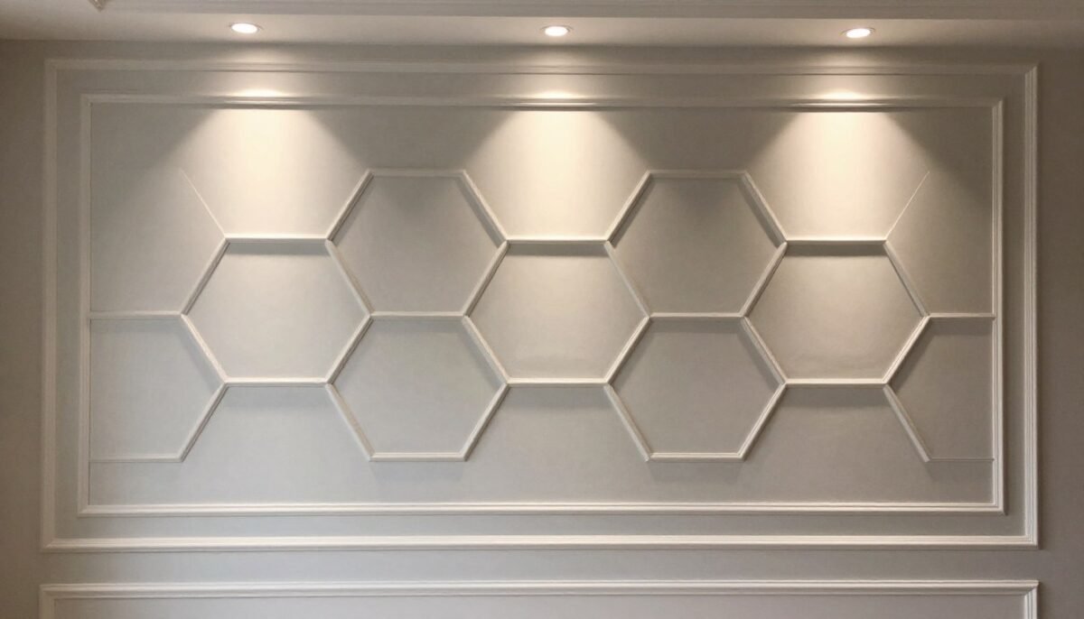 Wall featuring geometric molding pattern with hexagonal shapes