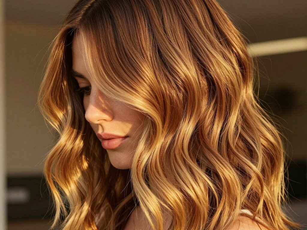 Warm golden blonde balayage on brown hair with rich tones
