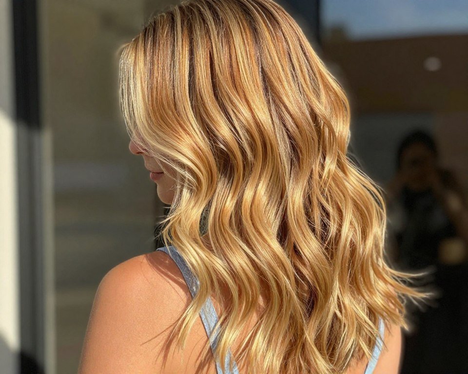 Warm golden summer balayage with bright blonde tones