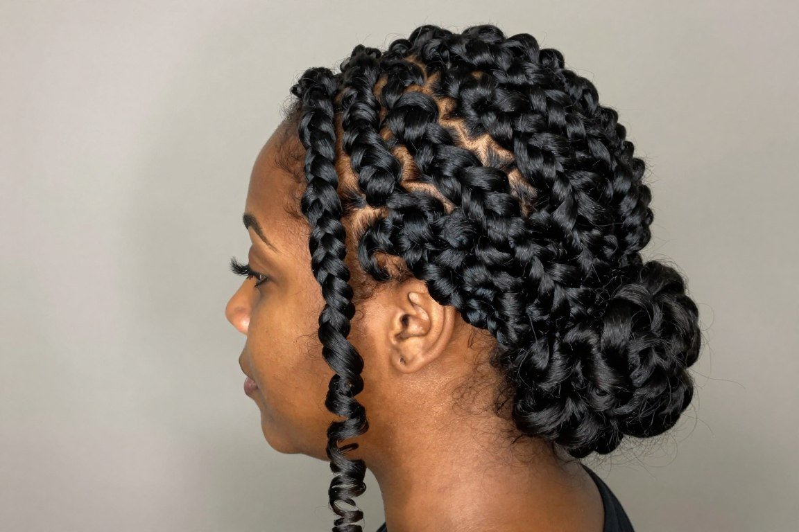 Waterfall twist updo hairstyle showing cascading twists for Black women
