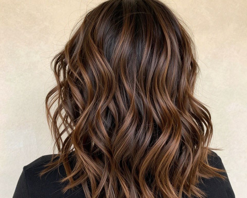 Wavy dark brown hair with caramel balayage highlights flowing naturally