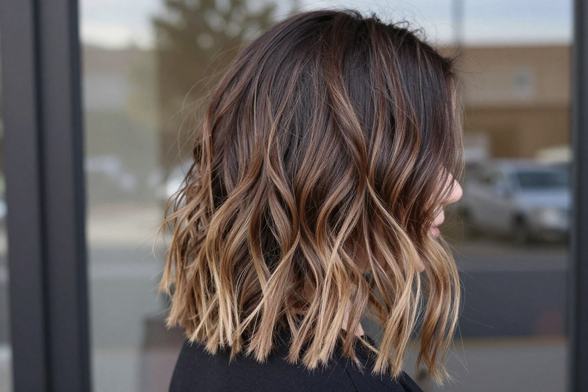 Wavy long bob with dark root shadow, witchy hair color and cut