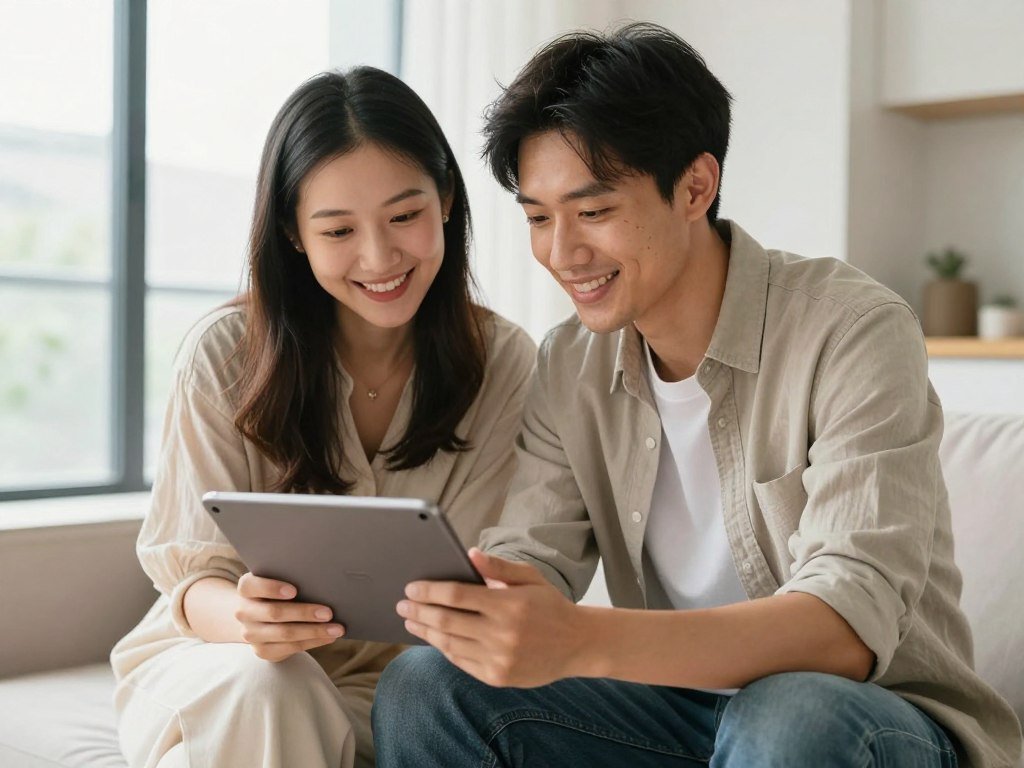 Wedding couple reviewing guest list on Minted wedding website