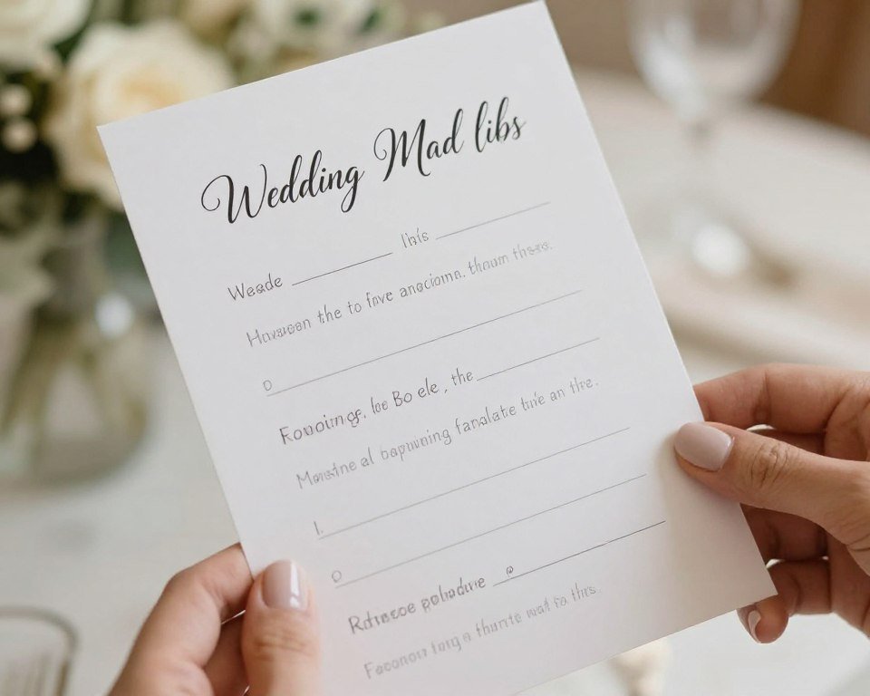Wedding mad libs game card with fill-in-the-blank wedding vows
