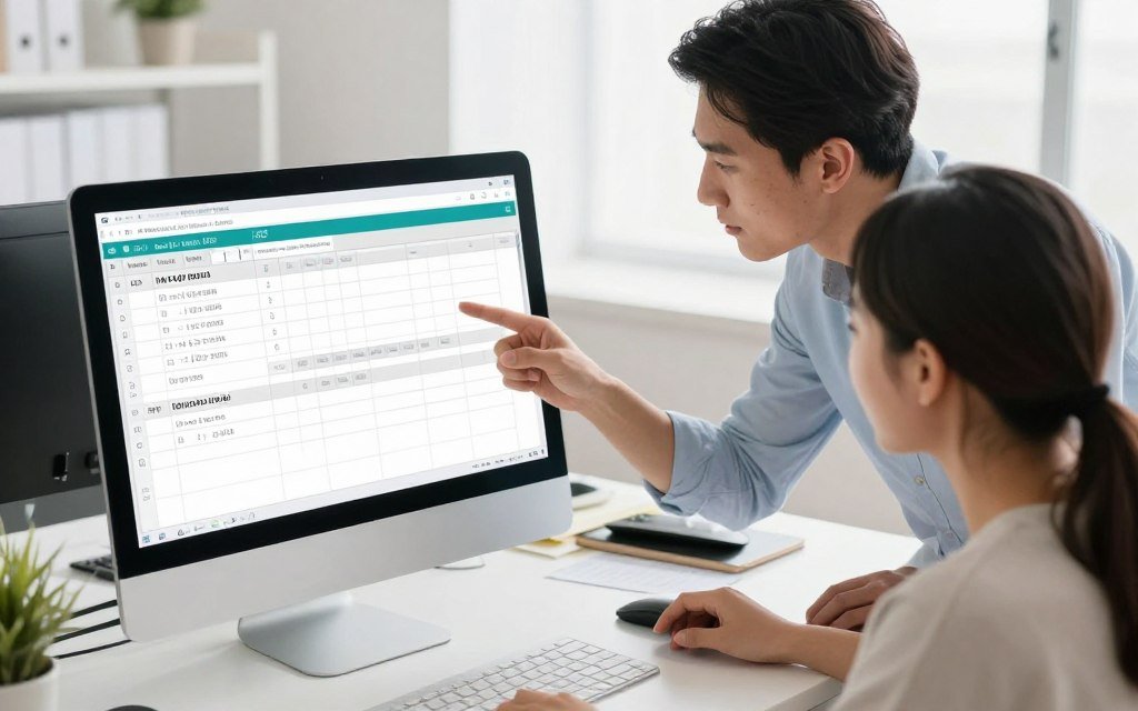 Wedding planning team reviewing RSVP responses on computer