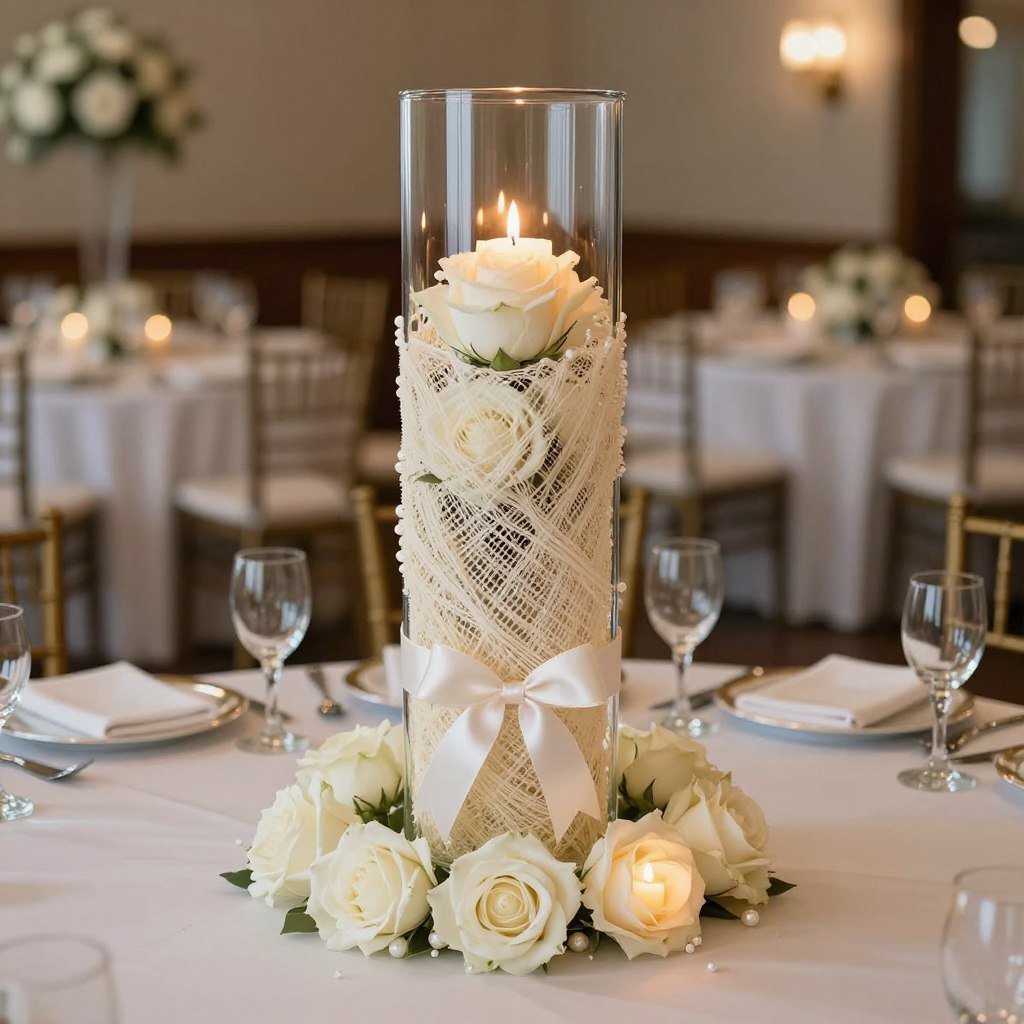 Wedding table centerpiece with ivory deco mesh