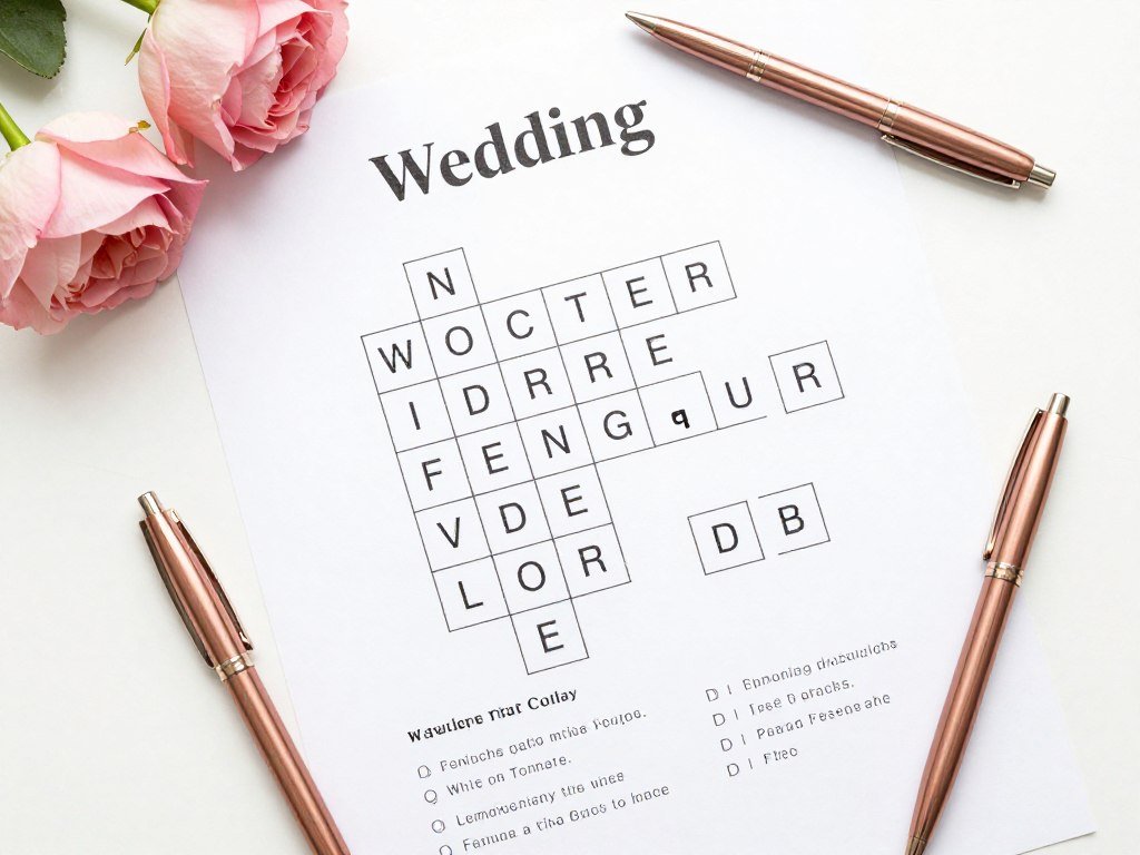 Wedding word scramble game sheet with mixed up letters and pencil