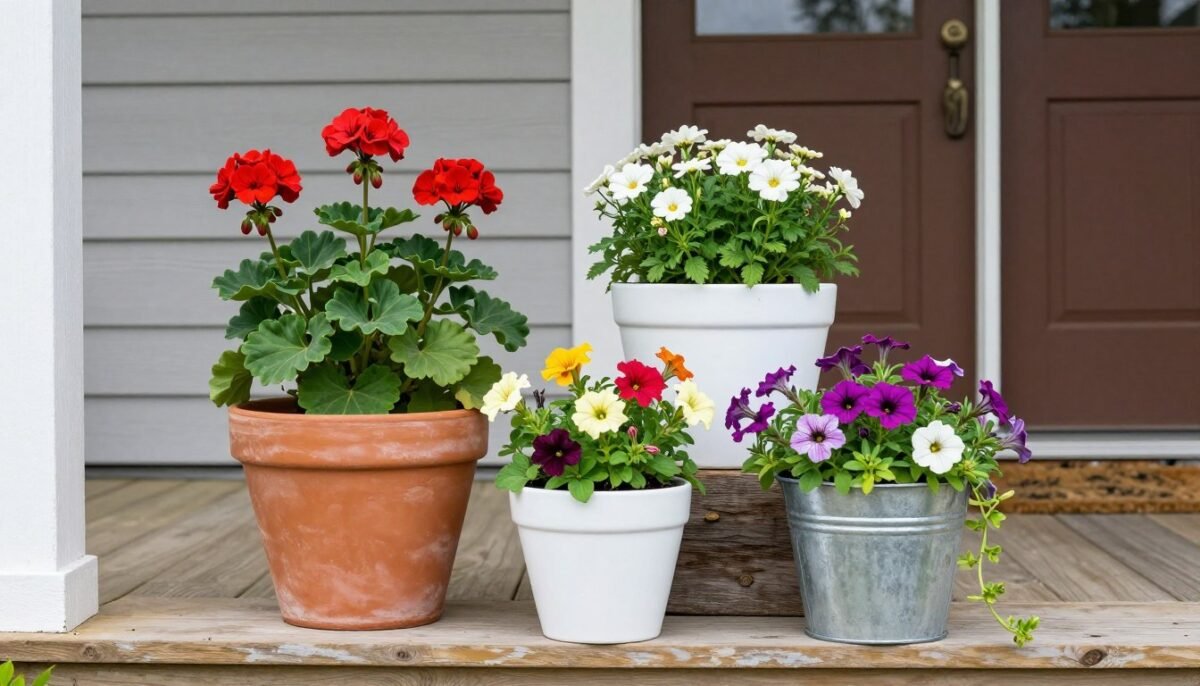 Well-arranged container garden grouping on front porch