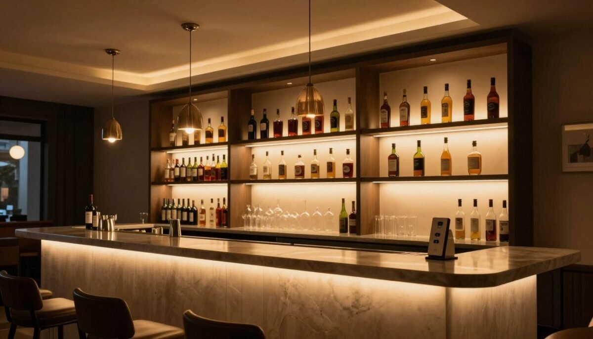 Well-lit bar area showing various lighting techniques for built-in bar ideas