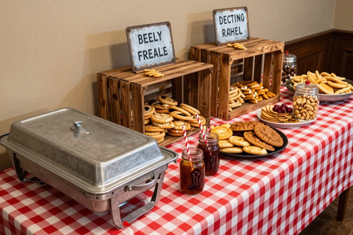 Western party buffet table with checkered tablecloth and food displays