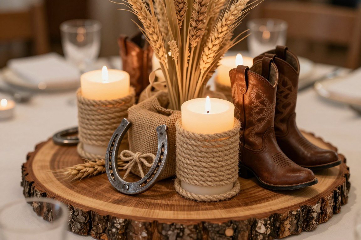 Western party centerpiece with rope-wrapped candles and wood slices