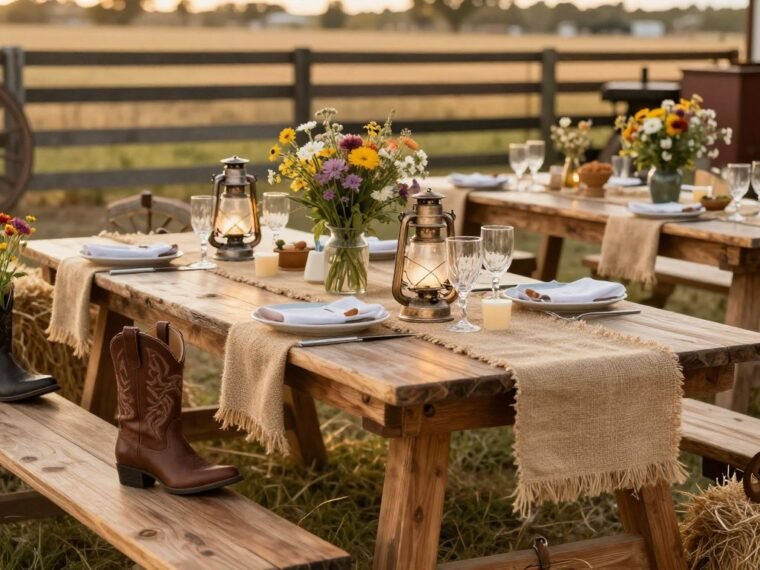 Western party decoration setup with rustic elements and cowboy theme