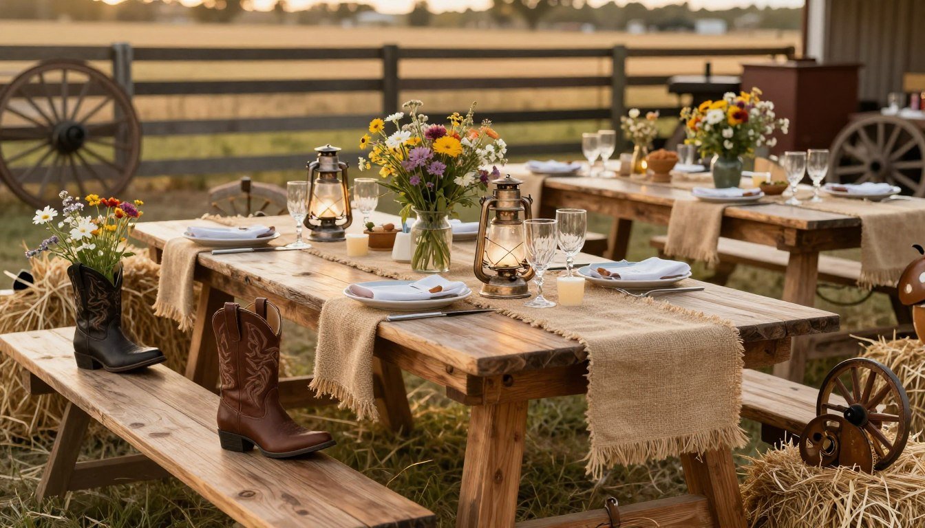 Western party decoration setup with rustic elements and cowboy theme