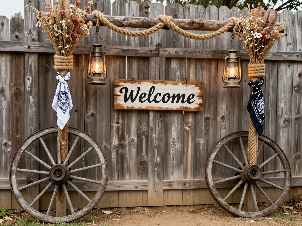 Western party entrance with wagon wheels and rope decorations