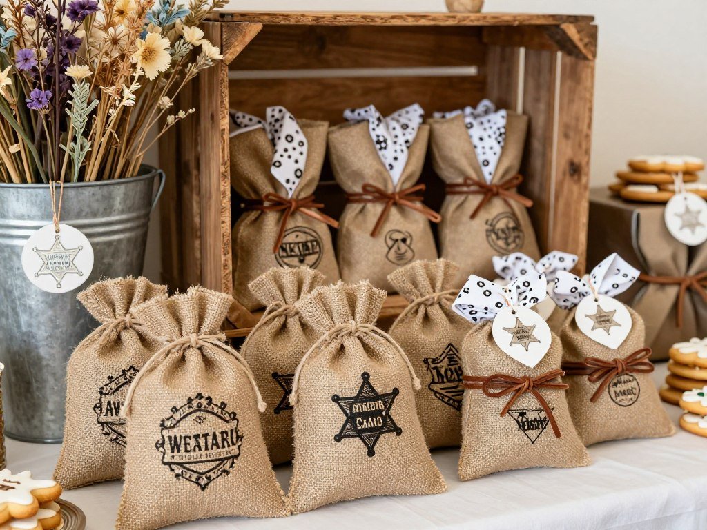 Western party favors displayed in burlap bags and bandanas