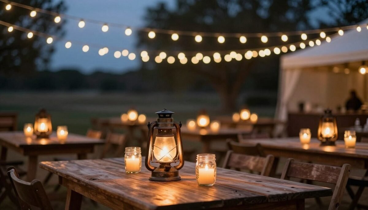 Western party lighting with string lights and lanterns