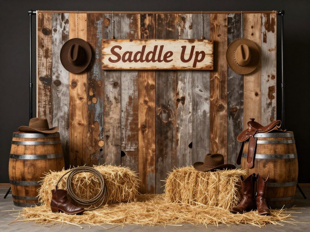 Western party photo backdrop with barn wood and props