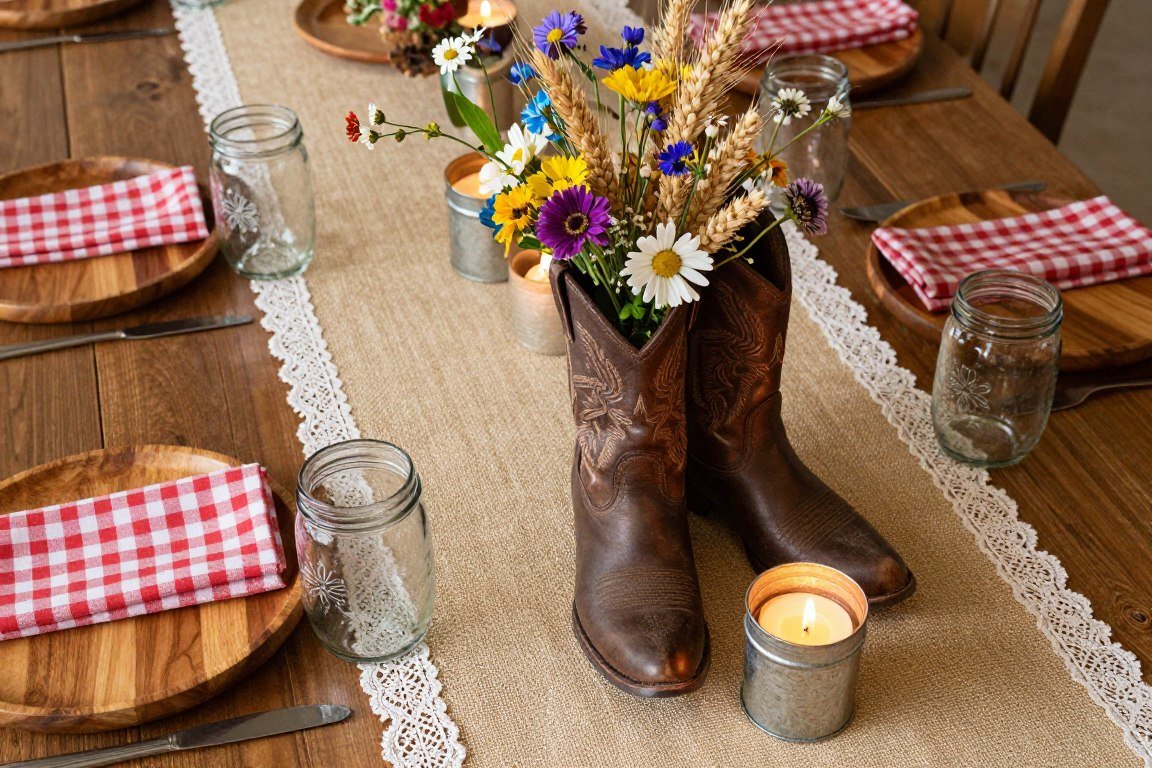 Western party table setting with burlap runner and cowboy boot centerpiece