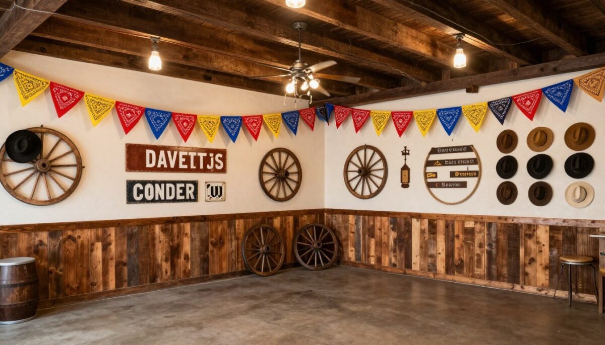 Western party wall decorations with bandana bunting and vintage signs