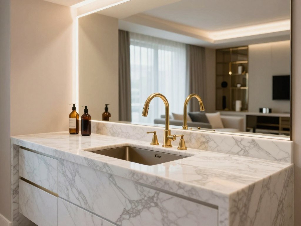 Wet bar with white marble waterfall countertop and gold fixtures