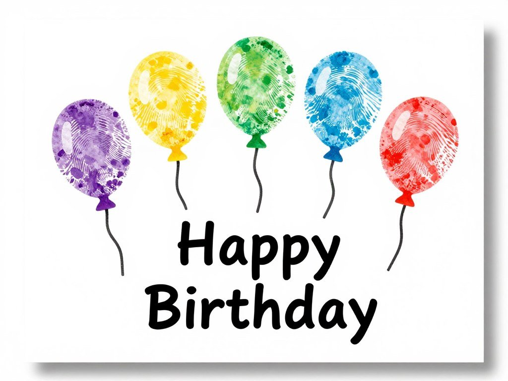 Whimsical birthday card with colorful fingerprint balloons and drawn strings