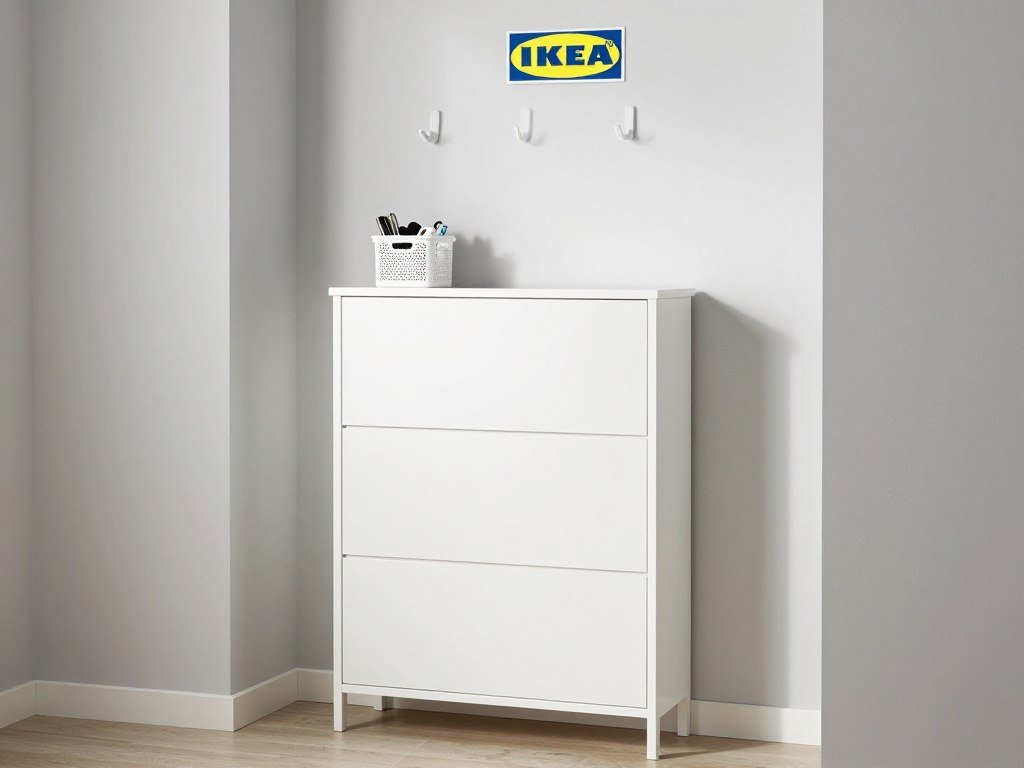 White IKEA BISSA shoe cabinet in narrow entryway