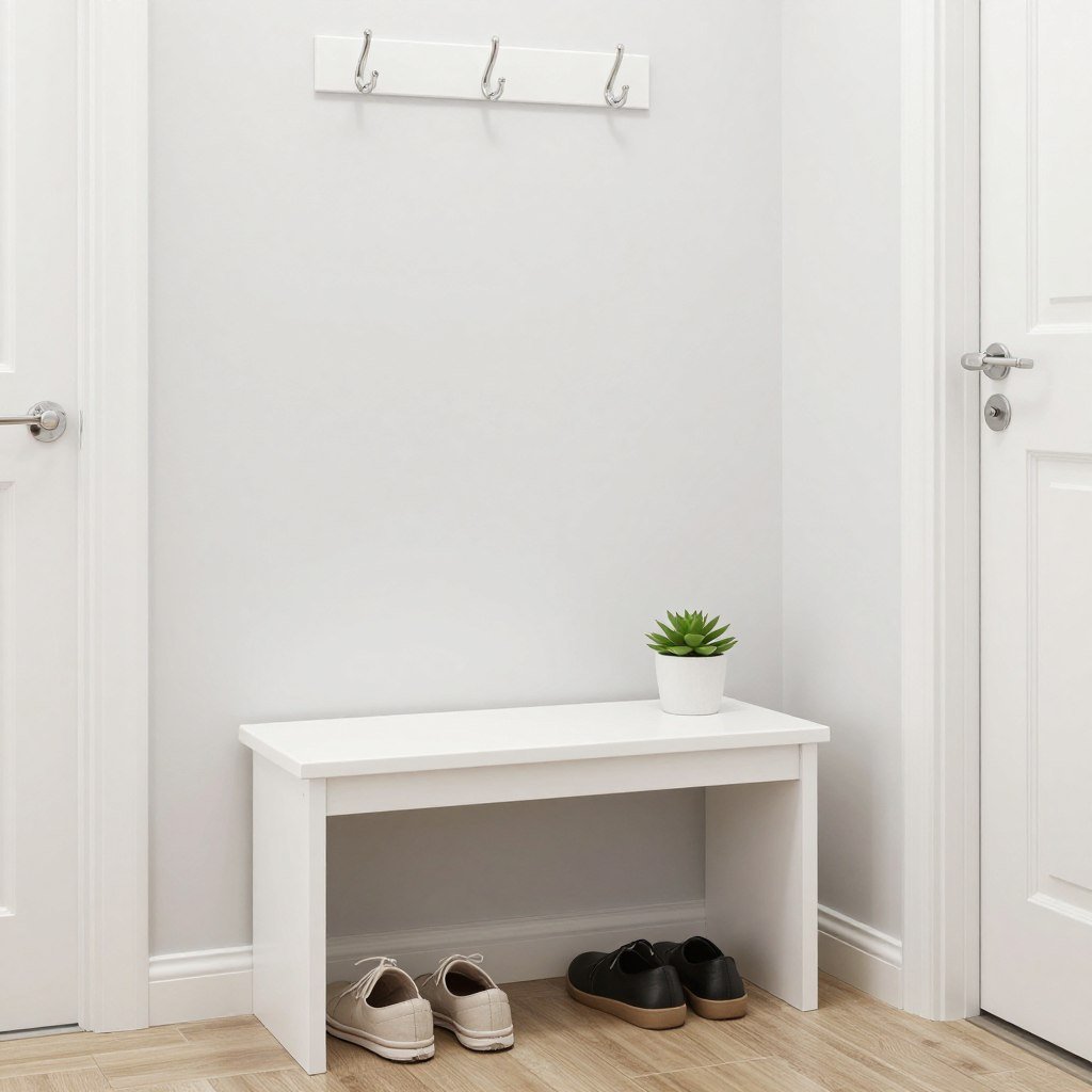 White IKEA MACKAPÄR compact bench in small mudroom entryway