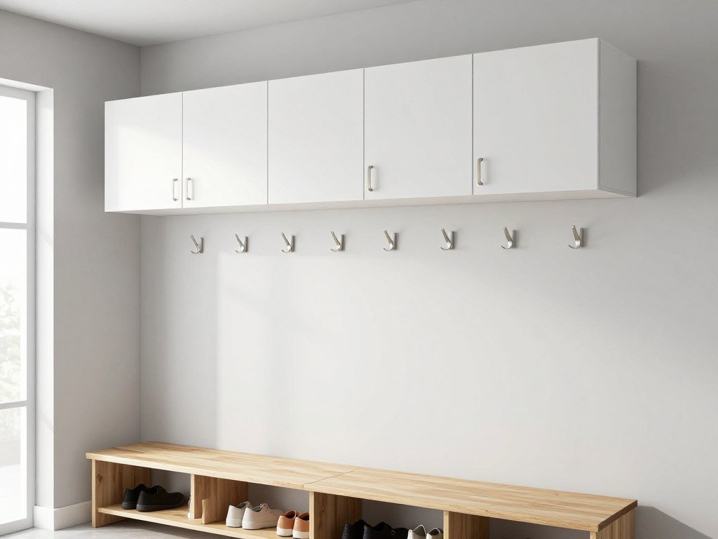 White IKEA SEKTION wall cabinets in mudroom with hooks and bench
