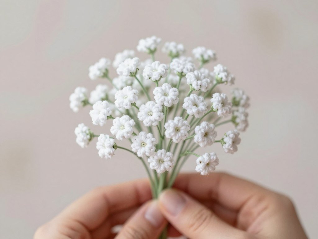 White baby breath crochet flowers clustered together in bouquet arrangement
